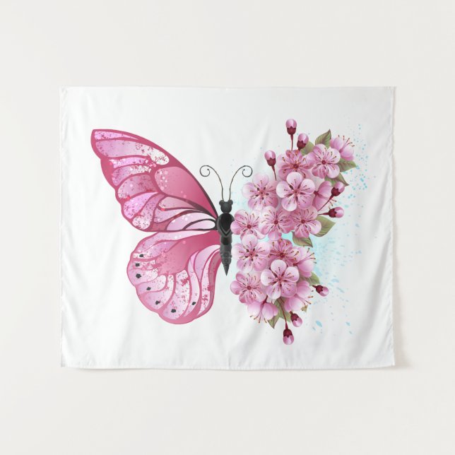 Flower Butterfly with Pink Sakura Wandteppich (Vorderseite (Horizontal))