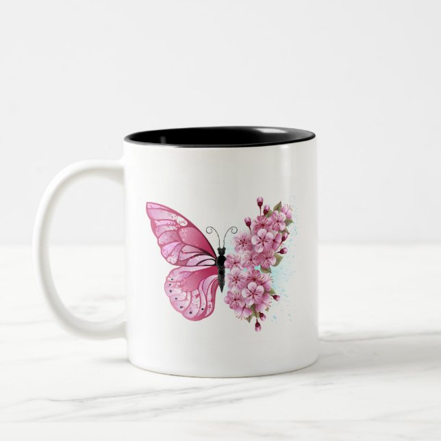 Flower Butterfly with Pink Sakura Zweifarbige Tasse (Links)