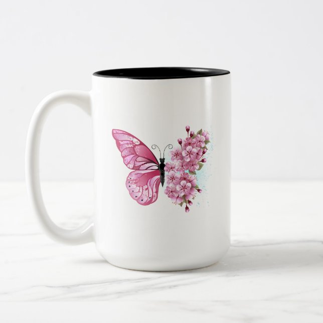 Flower Butterfly with Pink Sakura Zweifarbige Tasse (Links)