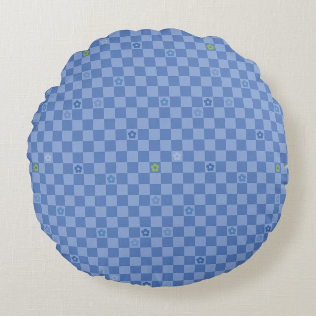 Flower Checkered Pattern No. 01 - Light Blue Rundes Kissen (Vorderseite)