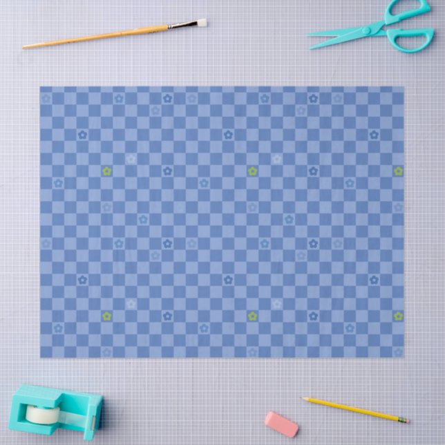 Flower Checkered Pattern No. 01 - Light Blue Seidenpapier (Basteln)