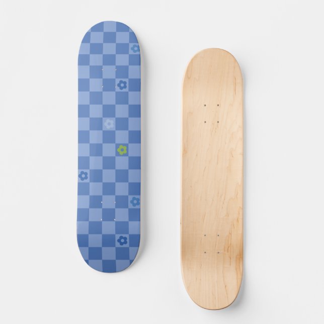 Flower Checkered Pattern No. 01 - Light Blue Skateboard (Vorderseite)