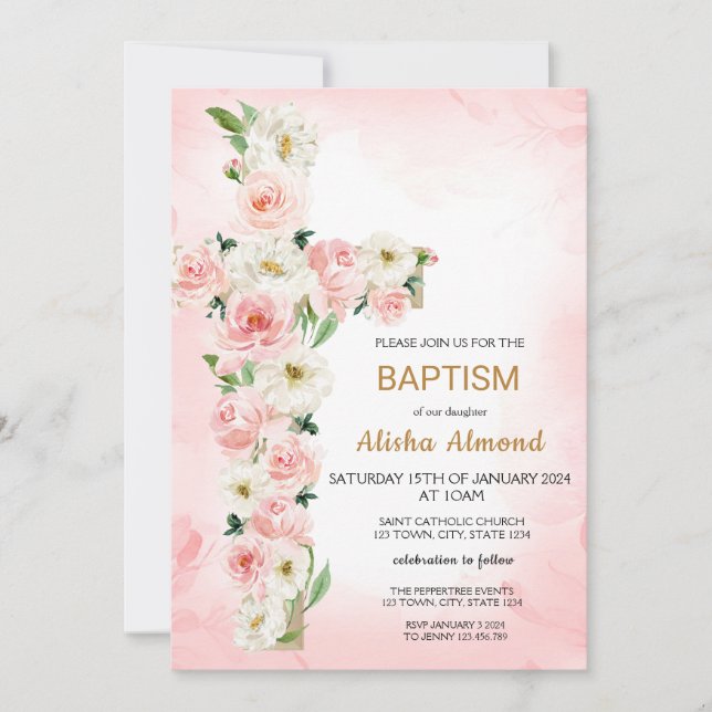 Flower Cross Baptism Invitation, Floral Christian Einladung (Vorderseite)