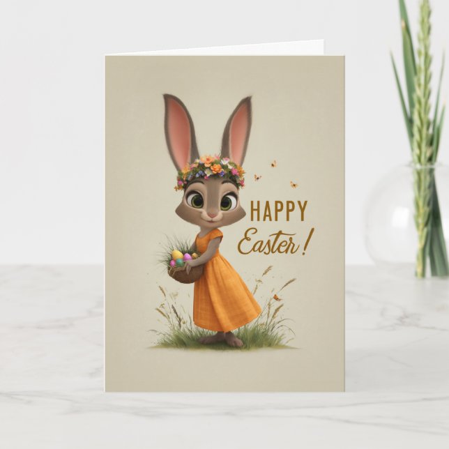 Flower-Crown Bunny in Orange Dress Easter Card Karte (Vorderseite)