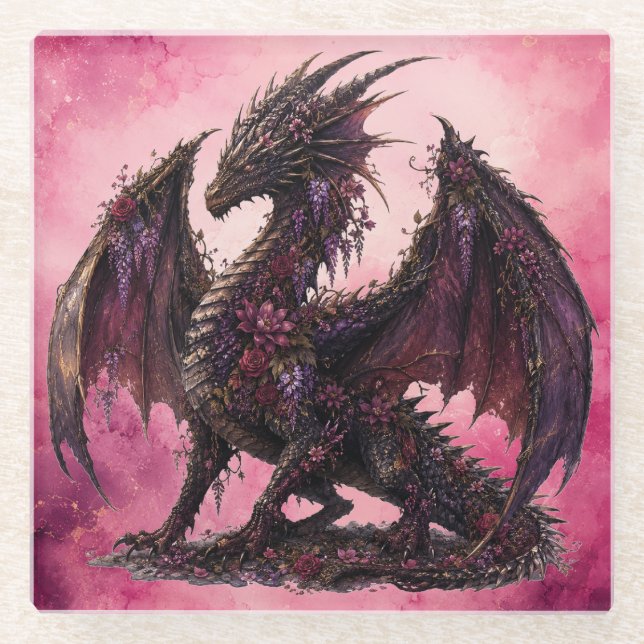 Flower-Drache | Botanischer Fantasy-Drache Glasuntersetzer (Vorderseite)