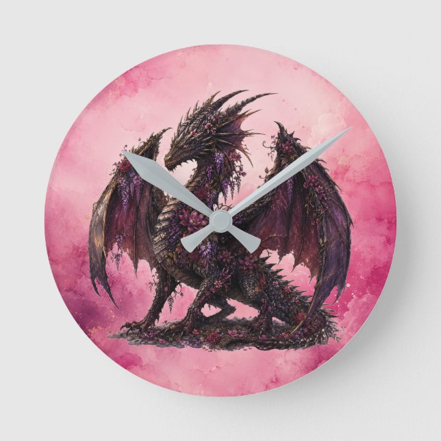 Flower-Drache | Botanischer Fantasy-Drache Runde Wanduhr (Vorderseite)