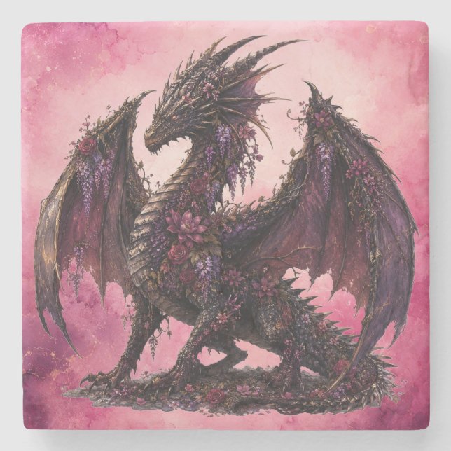Flower-Drache | Botanischer Fantasy-Drache Steinuntersetzer (Vorderseite)