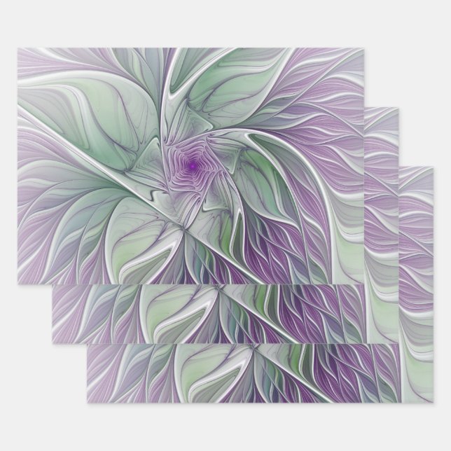 Flower Dream, Abstract Purple Green Fractal Art Geschenkpapier Set (Set)