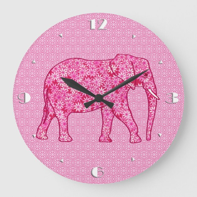 Flower elephant - fuchsia pink große wanduhr (Vorderseite)