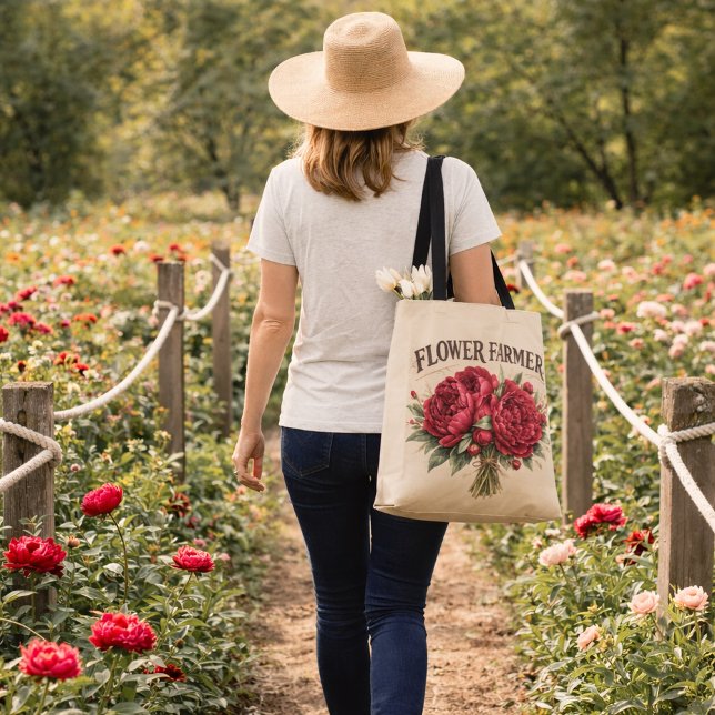 Flower Farmer Vintage Rosa Pfingstrosenstrauß Rust (Flower Farmer Peony Bouquet Tote Bag)