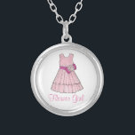 Flower Girl Bridal Wedding Party Dress Necklace Versilberte Kette<br><div class="desc">Necklace zeigt eine originelle Marker-Abbildung eines hübschen,  rosa Blume Girl-Kleides mit FLOWER GIRL in einem hübsch bordeauxfarbenen Schriftart. Ein Geschenk für die Blume!</div>