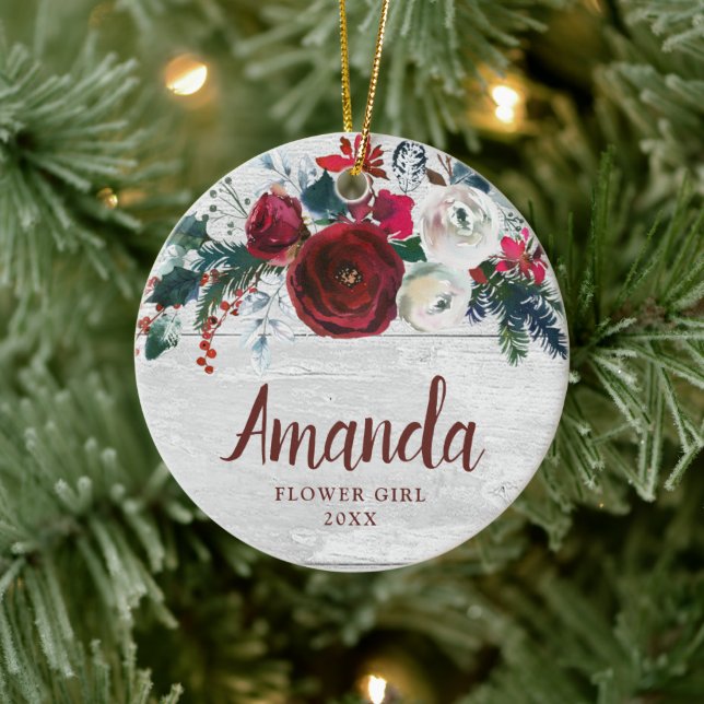 Flower Girl Personalisiert Burgund Rose Weihnachte Keramik Ornament (Baum)