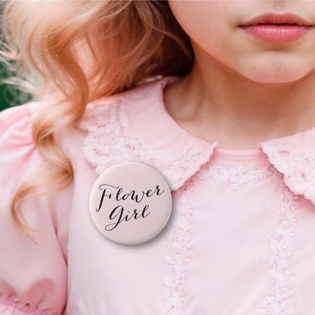 Flower Girl Script Chic Wedding Probe Party Button (FLOWER GIRL Classic Script Calligraphy Chic Wedding Rehearsal Party Pin Button @ fatfatin_blue_knot)