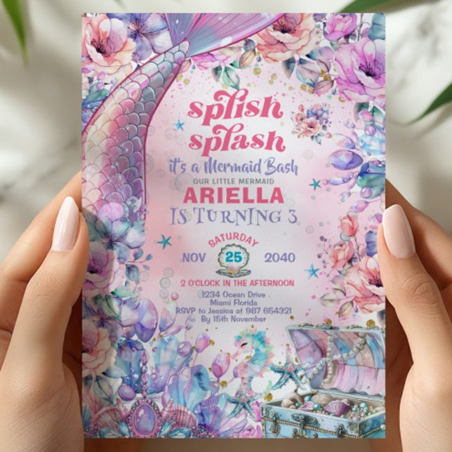 Flower Glitter Mermaid Tail 3rd Birthday  Einladung (Von Creator hochgeladen)