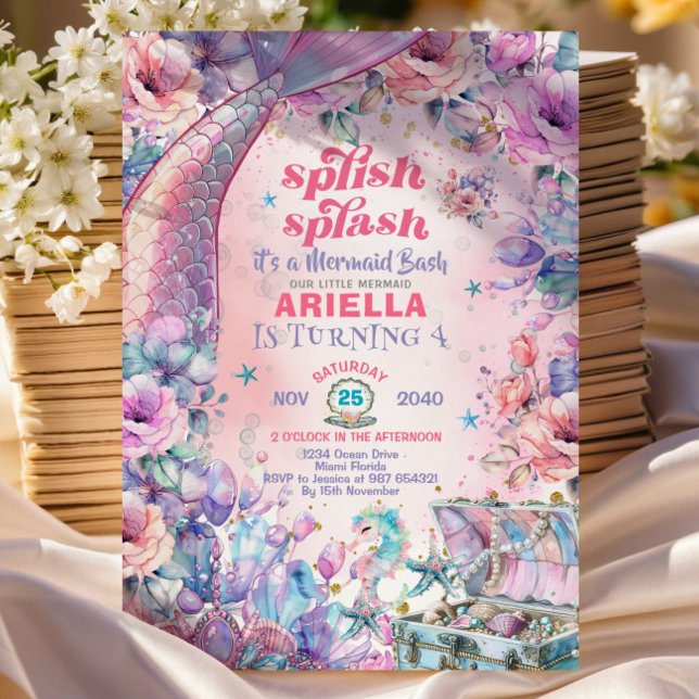 Flower Glitter Mermaid Tail 4th Birthday  Einladung (Von Creator hochgeladen)