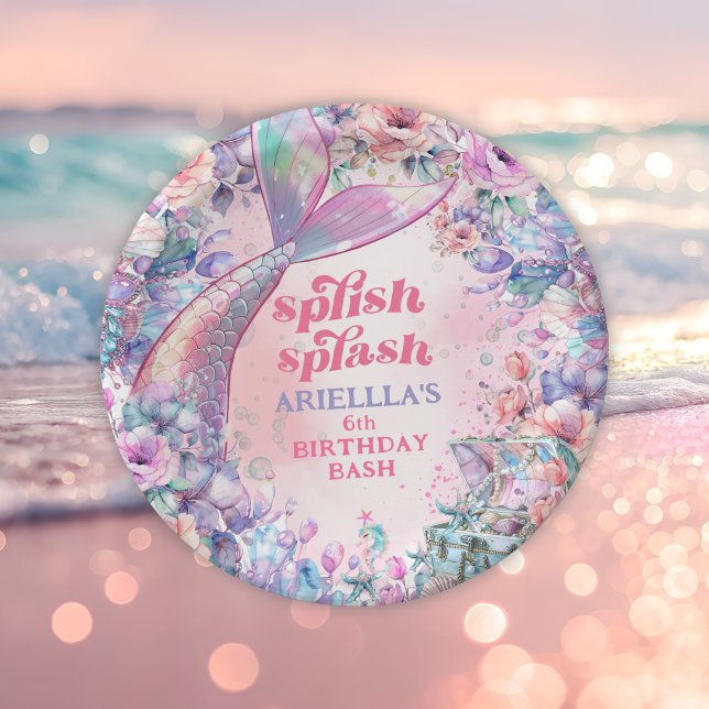 Flower Glitter Mermaid Tail 6th Birthday Pappteller (Von Creator hochgeladen)