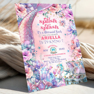 Flower Glitter Mermaid Tail 7th Birthday  Einladung