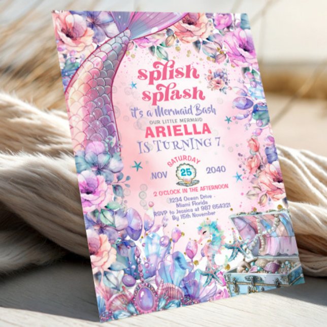 Flower Glitter Mermaid Tail 7th Birthday  Einladung (Von Creator hochgeladen)
