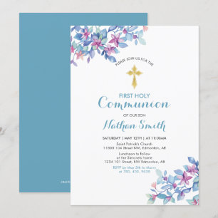 Flower & Gold Cross   Erstkommunion des Jungen Einladung