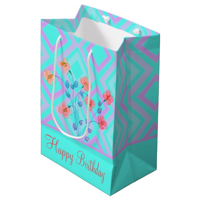 Flower Happy Birthday Aquamarine Geschenktasche Mittlere Geschenktüte (Vorderseite Schrägansicht)