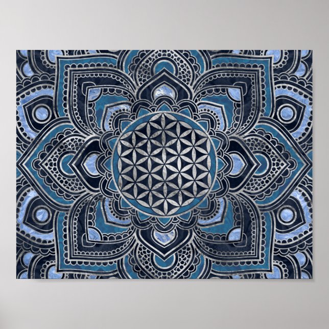 Flower of Life in Lotus - Blue Crystal and Silver Poster (Vorne)