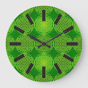 Flower of Life - stamp pattern - green Große Wanduhr