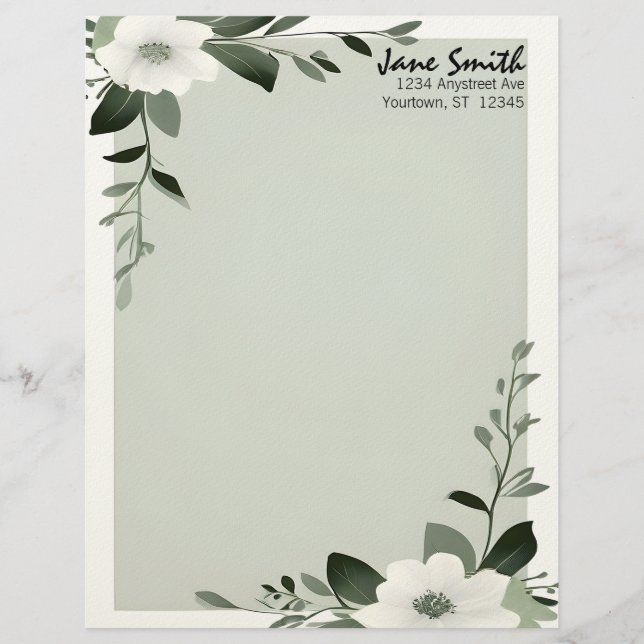 Flower Overlay Sage Green Personalized Stationery Briefbogen (Vorderseite)