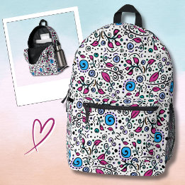 Flower Pattern blue Swirl Berry on White - Bedruckter Rucksack