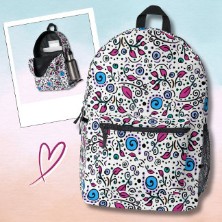 Flower Pattern blue Swirl Berry on White - Bedruckter Rucksack
