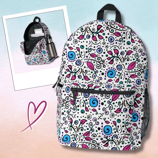 Flower Pattern blue Swirl Berry on White -  Bedruckter Rucksack (Von Creator hochgeladen)