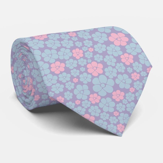 Flower Pattern in Blue, Lilac, and Pink Krawatte (Gerollt)