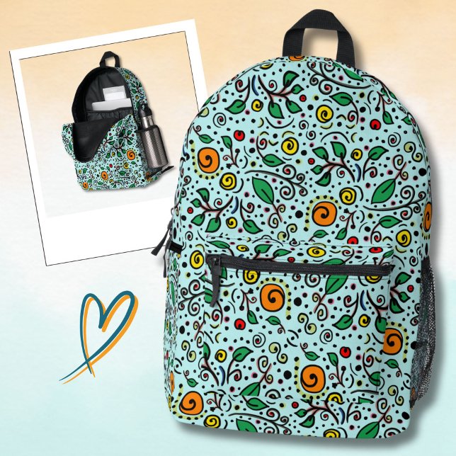 Flower Pattern orange Swirl Berry on Turquoise -  Bedruckter Rucksack (Von Creator hochgeladen)