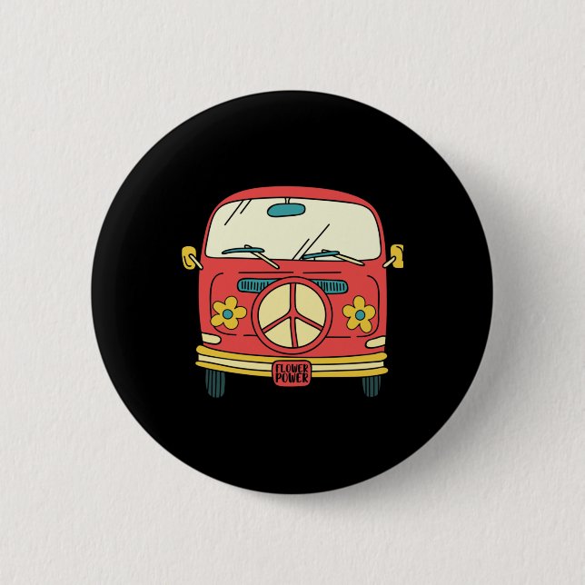 Flower Power Friedenszeichen Vintage Microbus Van Button (Vorderseite)