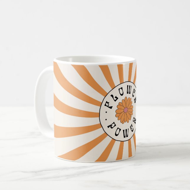 Flower Power mit psychedelischen orangen Strahlen Kaffeetasse (Vorderseite Links)
