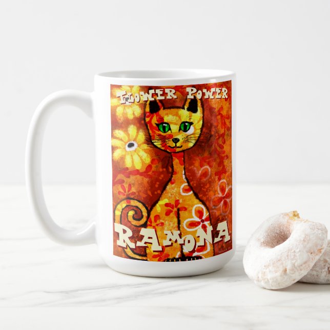 Flower Power Retro Whimsical Cat Personalized Kaffeetasse (Mit Donut)