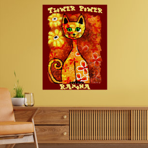 Flower Power Retro Whimsical Katze Personalisiert Poster