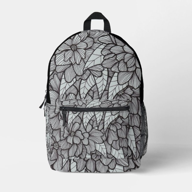 Flower Print Backpack With White Gray Black Art Bedruckter Rucksack (Vorderseite)
