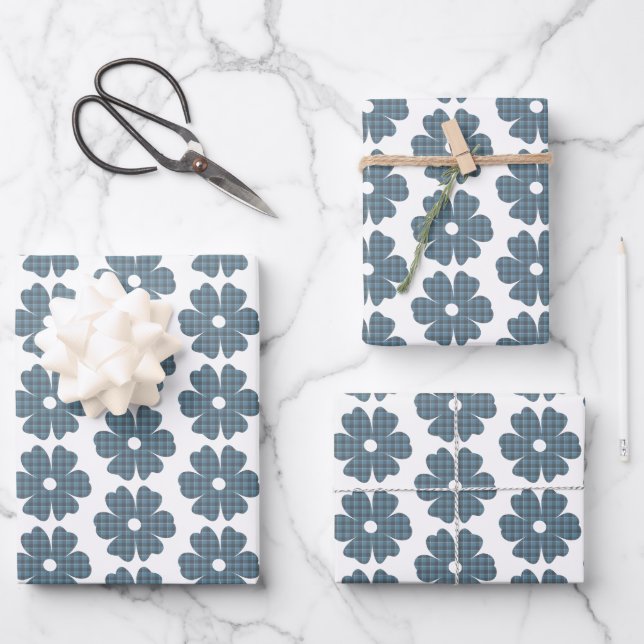 Flower Shape Plaid Blue Gray Geschenkpapier Set (Vorderseite)