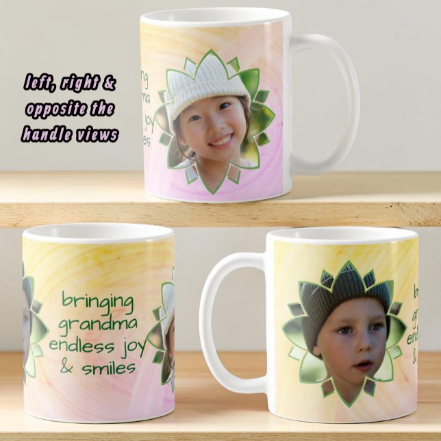 Flower Shape Replaceable Photo Colorful Background Kaffeetasse (Fun double photo mug with template text centered opposite the handle.)