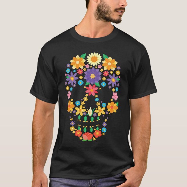 Flower Sugar Skull Halloween Day of Dead  Costume  T-Shirt (Vorderseite)