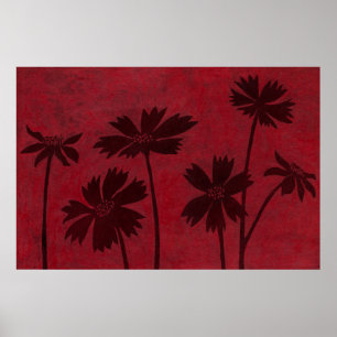 Flowerhead Silhouettes on Crimson Background Poster