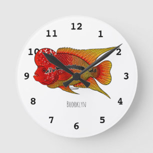 Flowerhorn cichlid fish cartoon illustration runde wanduhr