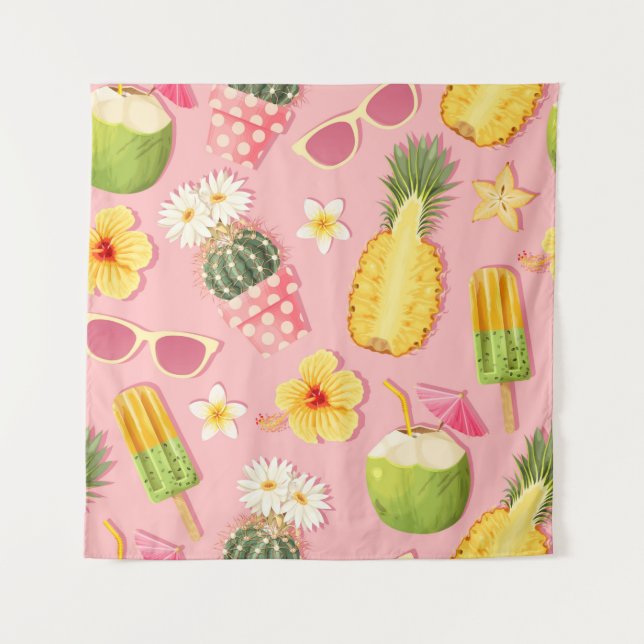 Flowers and exotic fruits vintage seamless pattern wandteppich (Vorderseite)
