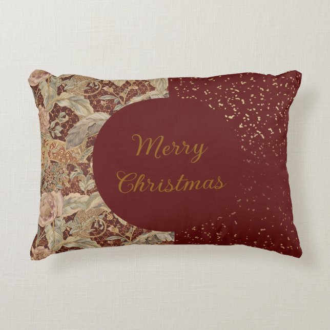 Flowers,Burgundi Red Gold Glitter, Merry Christmas Dekokissen (Vorderseite)