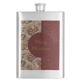 Flowers,Burgundi Red Gold Glitter, Merry Christmas Flachmann