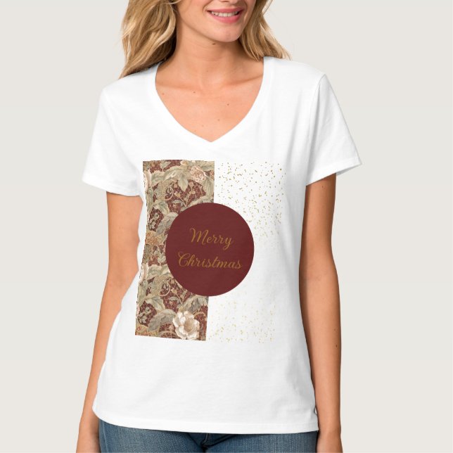 Flowers,Burgundi Red Gold Glitter, Merry Christmas T-Shirt (Vorderseite)