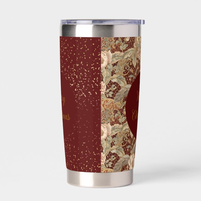 Flowers,Burgundi Red Gold Glitter, Merry Christmas Thermobecher (Links)