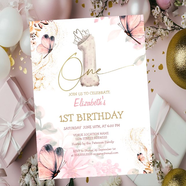  Flowers Butterfly Striped Chic 1s Birthday Einladung (Von Creator hochgeladen)