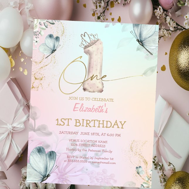  Flowers Butterfly Striped Colorful 1s Birthday Einladung (Von Creator hochgeladen)