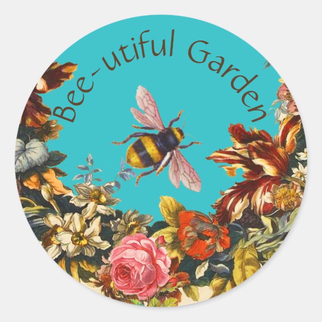 FLOWERS ,HONEY BEE IN BLUE SKY FLORAL BEEKEEPING RUNDER AUFKLEBER (Vorderseite)